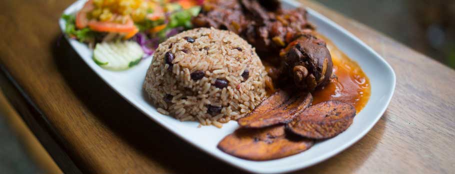 Une assiette blanche garnie de riz et de viande.