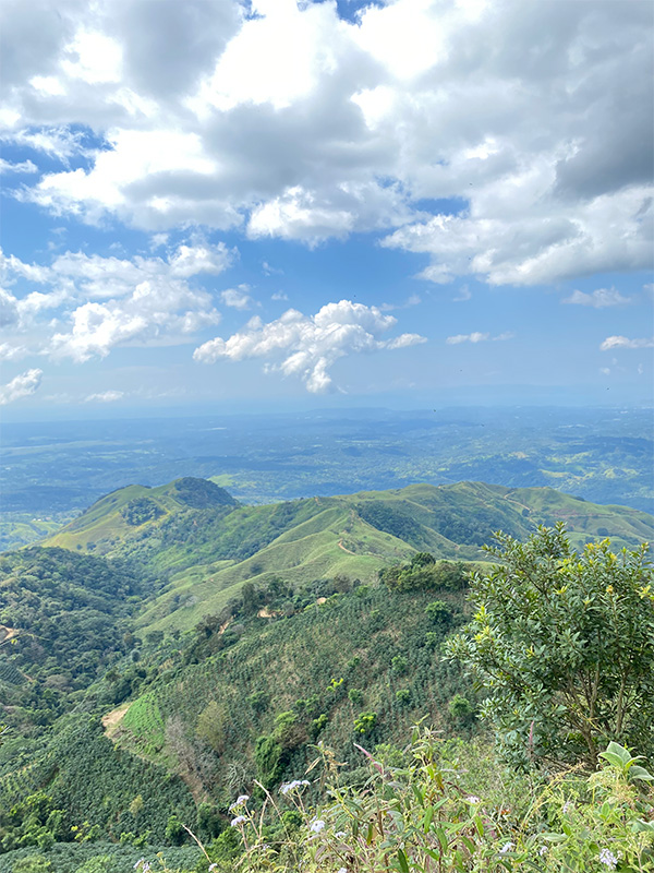 Une vue panoramique d’une chaîne de montagnes avec des nuages dans le ciel.