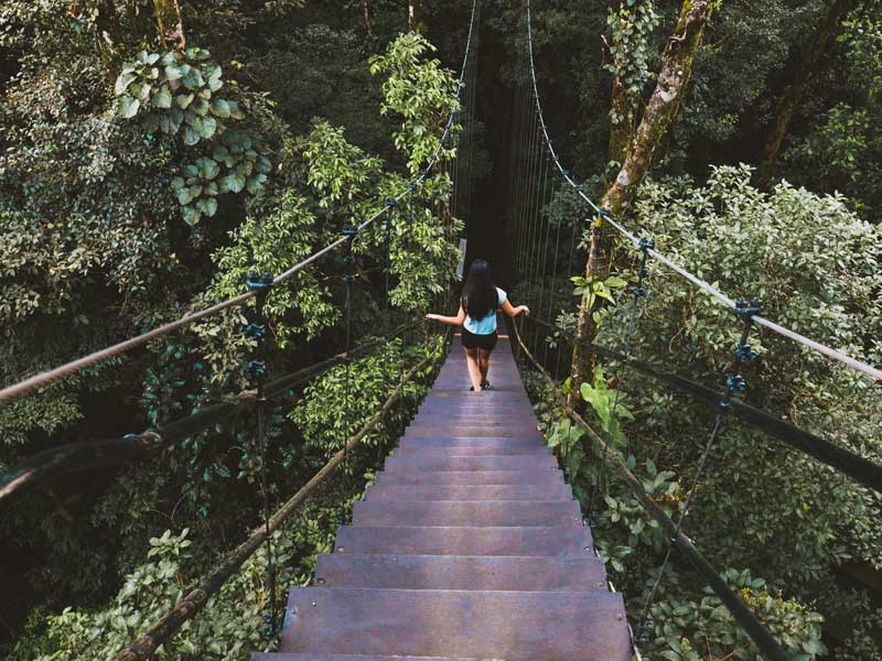Une femme traversant un pont suspendu dans la jungle.