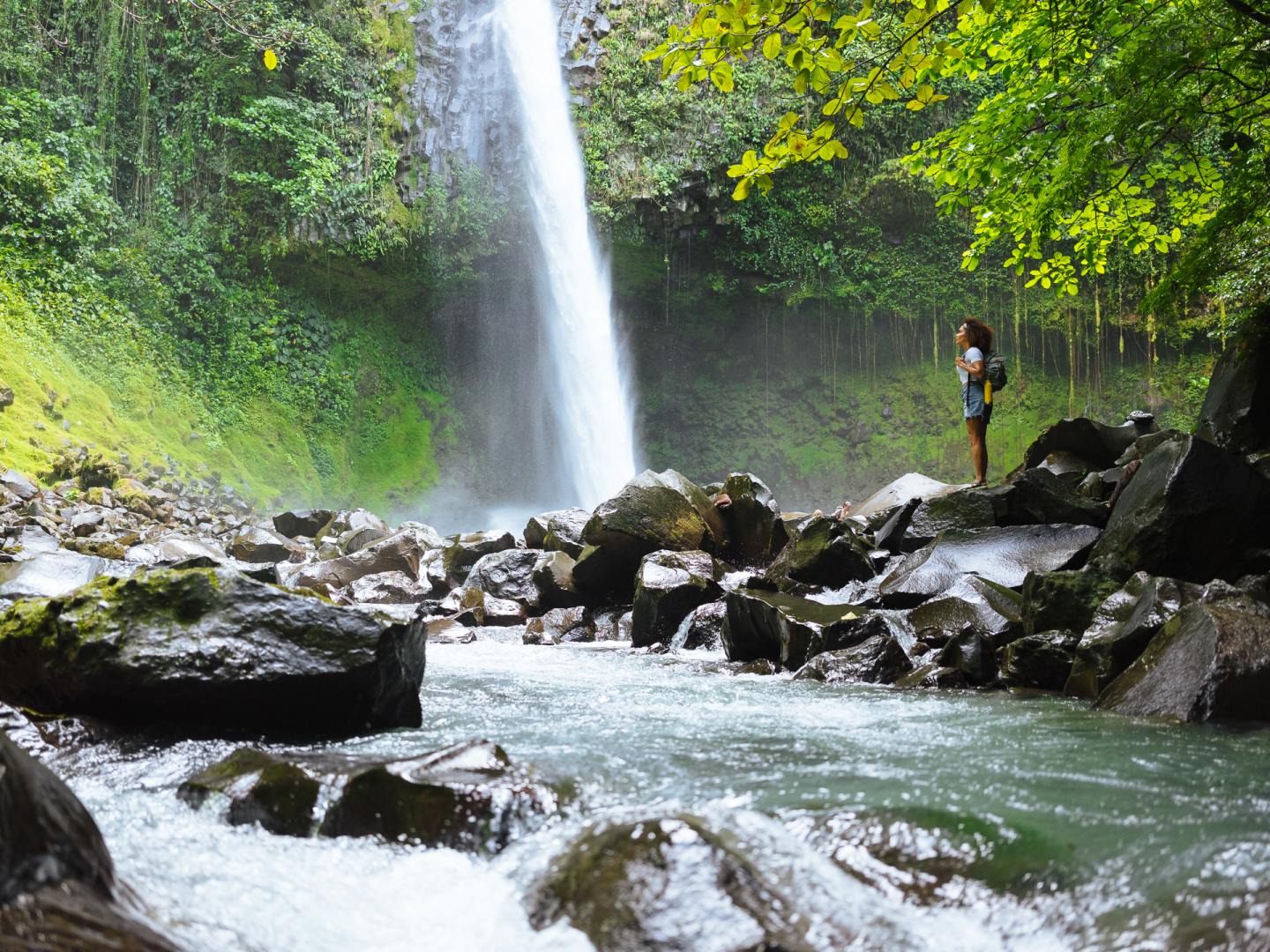 Femme debout à côté d’une chute d’eau dans la jungle