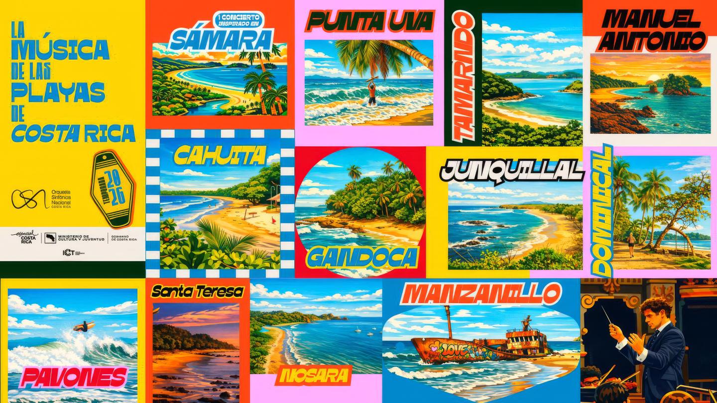 Une affiche colorée en grille intitulée « La música de las playas de Costa Rica», montrant des scènes de plage illustrées avec les noms de villes côtières (Sámara, Punta Uva, Tamarindo, Manuel Antonio, Cahuita, Gandoca, Junquillal, Dominical, Pavones, Santa Teresa, Nosara, Manzanillo) disposées comme des cartes de concert sur un fond vibrant.