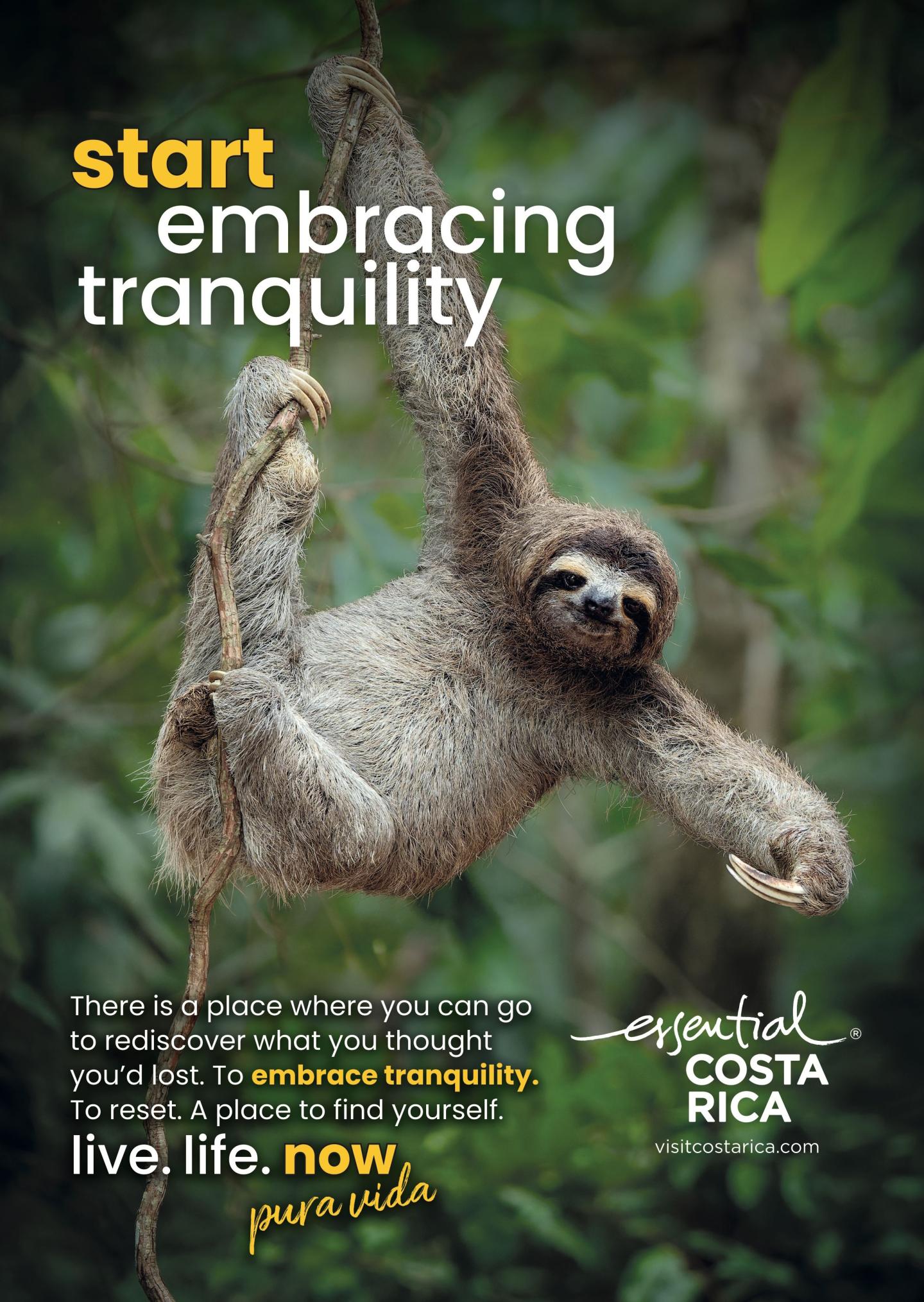 Publicité montrant un paresseux suspendu à une branche dans une forêt tropicale luxuriante. Titre : « commencez à embrasser la tranquillité ». La copie vous invite à redécouvrir ce que vous pensiez avoir perdu et à réinitialiser. Image de marque : « esencial Costa Rica", visitcostarica.com.